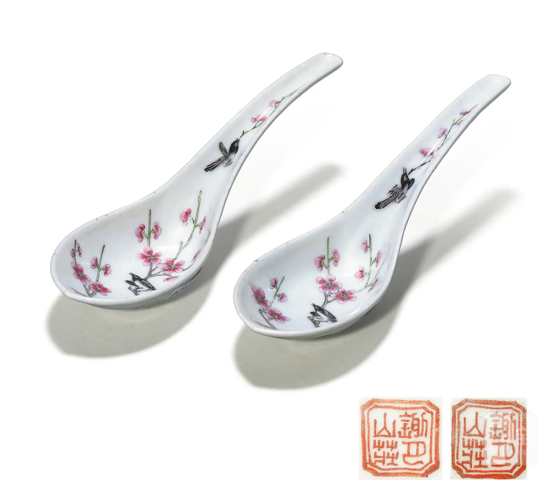 清道光 粉彩喜上眉梢纹汤匙一对